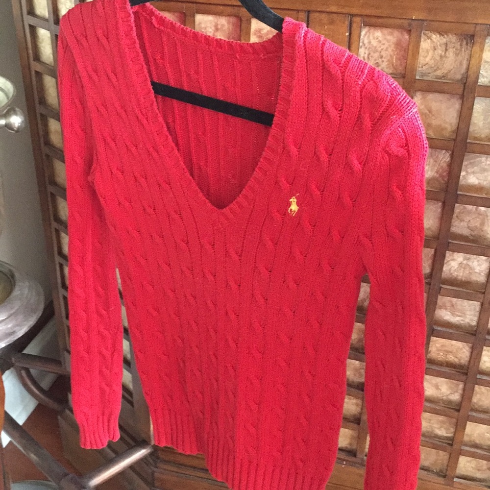 Red  Cotton  Cable V Neck Sweater, S
